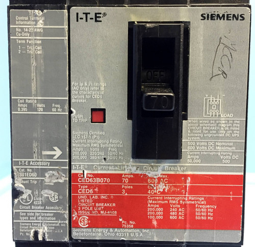 Siemens I-T-E CED63B070 70A Circuit Breaker w/ Shunt S01ED60 CED6 ITE 70 Amp (EM0647-2)
