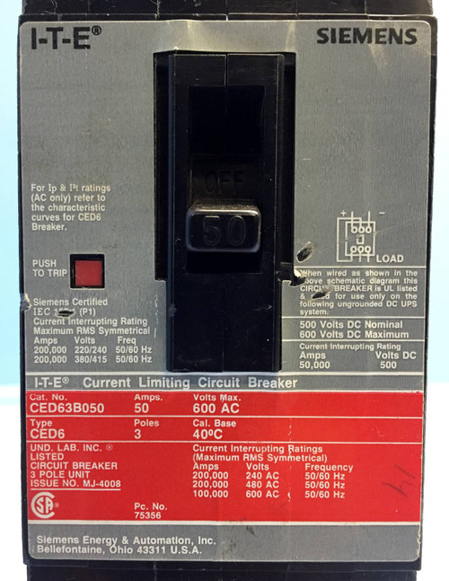 Siemens I-T-E CED63B050 50A Circuit Breaker 480/600 VAC Type CED6 ITE 50 Amp (EM0645-1)