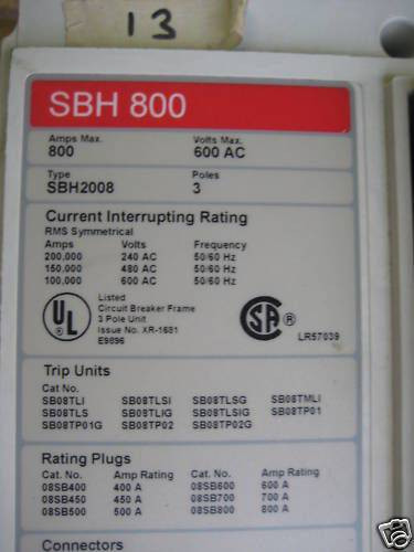 Siemens SBH 800 Amp Circuit Breaker w/ 800A Plug SBH800 SBH2008 Aux Drawout SBS (EBI3908-2)