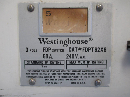 Westinghouse FDPT62X6 60 Amp 240V Fused Twin Panelboard Switch FDP Fusible 60A (TK0447-1)