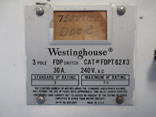 Westinghouse FDPT62X3 30 Amp 240V Fused Twin Panelboard Switch FDP w/ Hardware (TK0449-1)