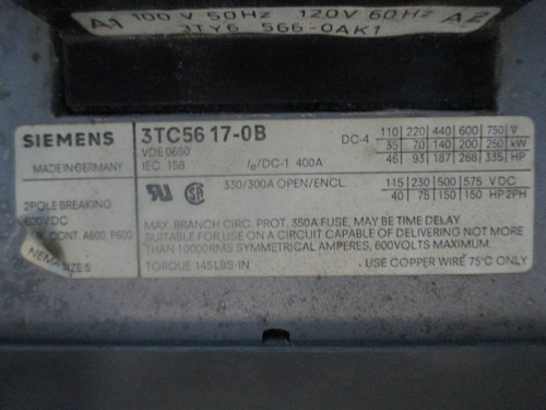Siemens 3TC5617-0B 330 Amp 2 Pole DC Contactor 600V DC 120V Coil 150 HP 2Ph (TK0682-23)