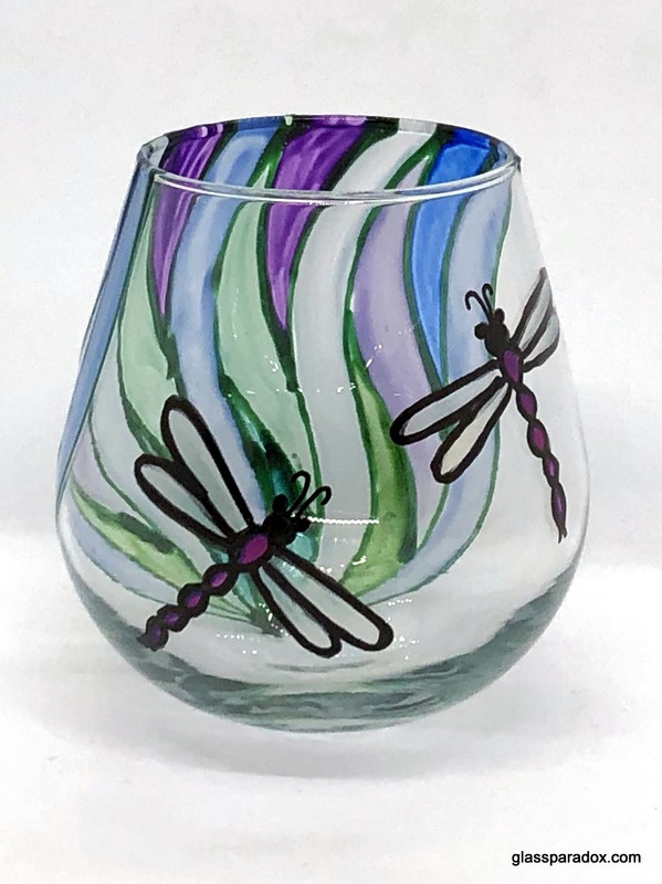 Hand-painted Dragonfly Wobbly Wine Glass
