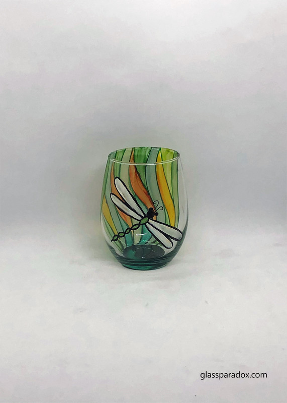 Dragonfly hand-painted stemless wine goblet