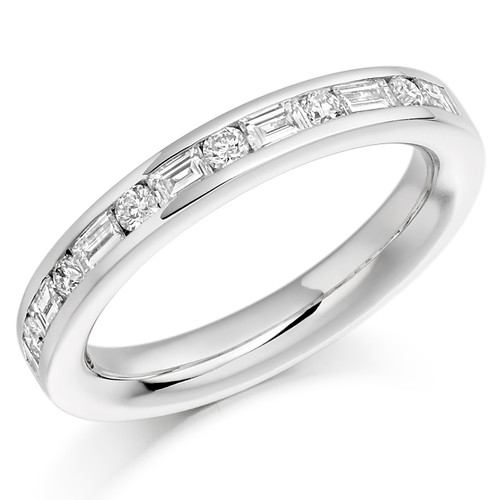 Platinum Round Brilliant & Baguette Cut Diamond Half Channel Set Eternity Ring