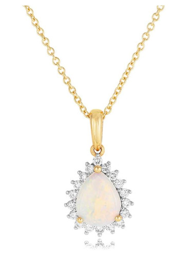 18ct Yellow Gold Pear Opal & Diamond Cluster Pendant With Chain