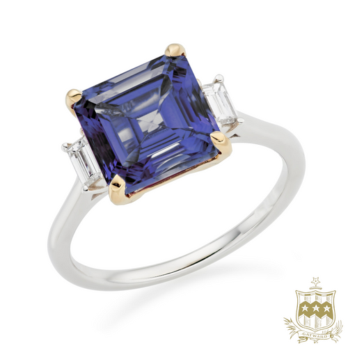18ct White & Yellow Gold Step Cut Tanzanite & Diamond Ring