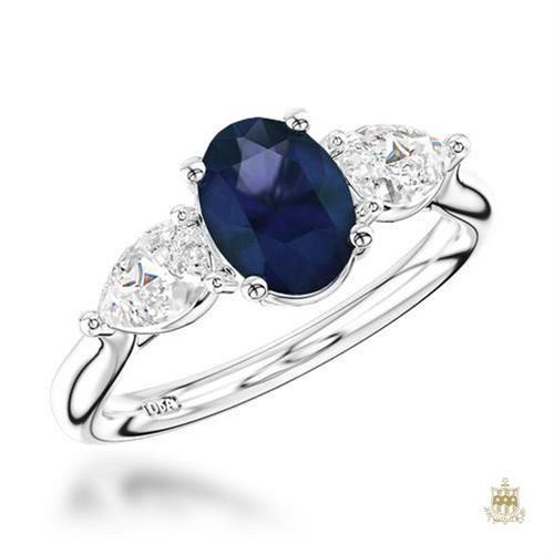 'Florentine Oval' Cut Platinum Three Stone Sapphire & Diamond Ring