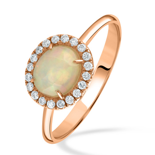 18ct Rose Gold & Oval, Facetted Opal With Diamond Halo Ring 