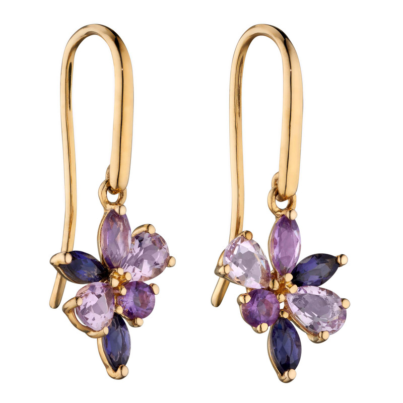 9ct Yellow Gold Multi-Stone Amethyst & Iolite Drop Earrings