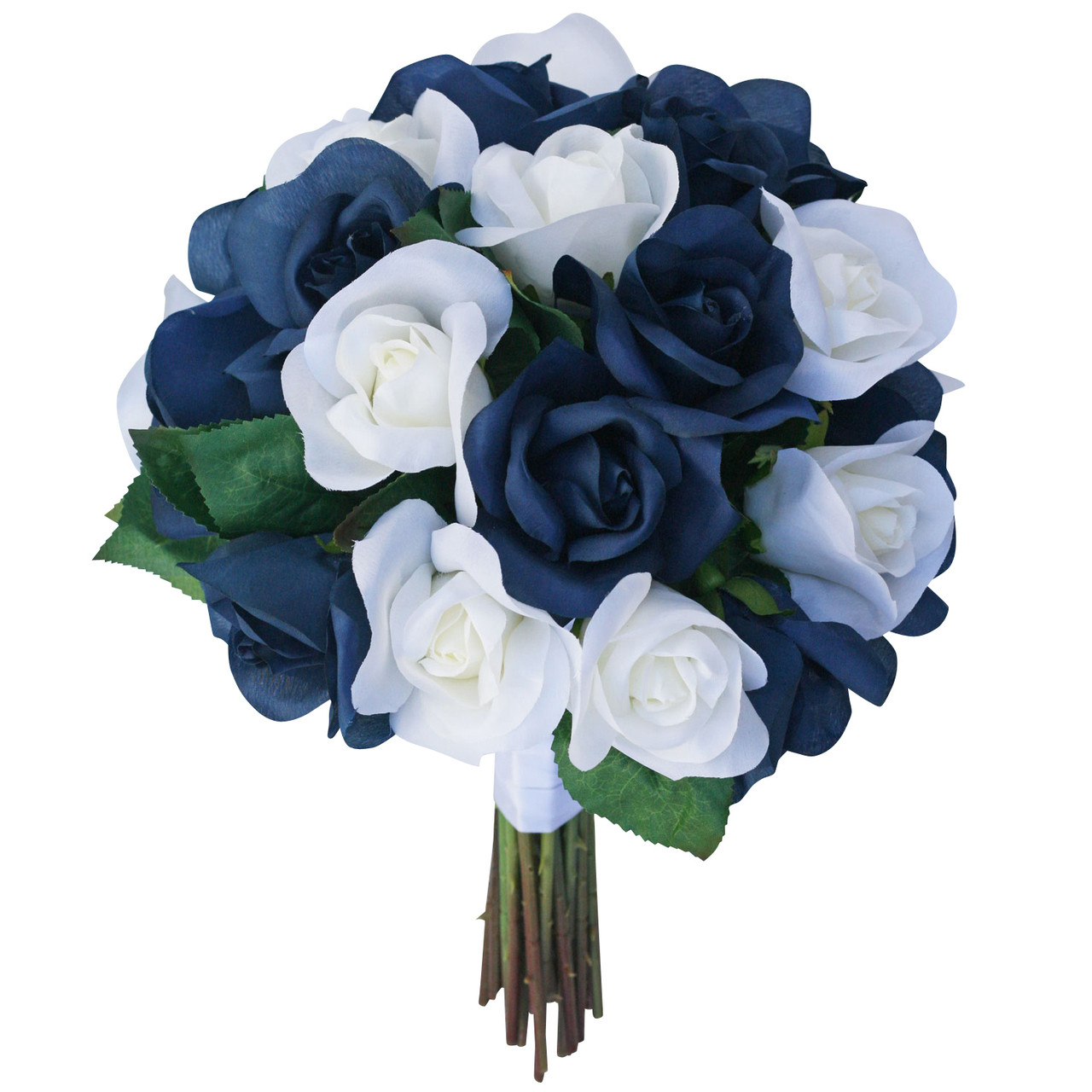 Navy Blue and Ivory Silk Rose Hand Tied Bridal Bouquet | 3 Dozen Roses