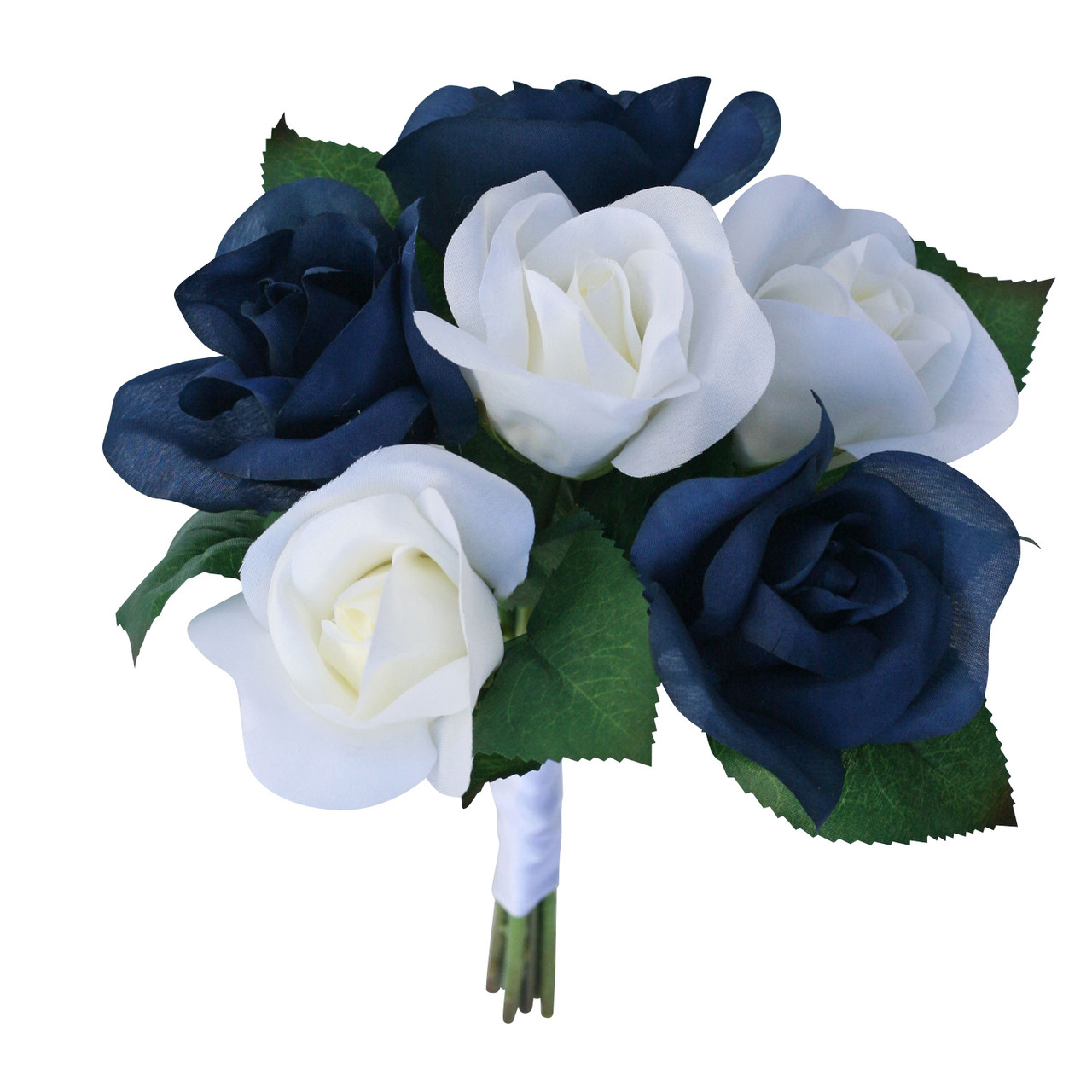 Navy Blue Ivory Garden Rose Stem Fake Flower Bouquet Silk