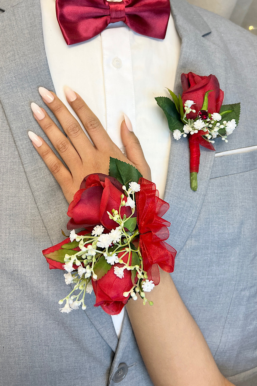 Tilintetgøre Pligt Settle Red Boutonniere and Corsage Set with Beautiful Prom Bouquet