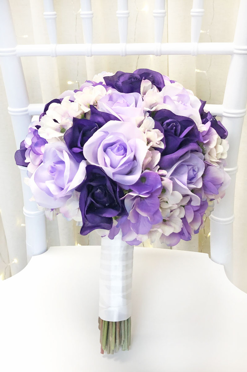 Beautiful Purple Hydrangea & White Roses Floral Wedding Bridal Bouquet 14 -  Accessories