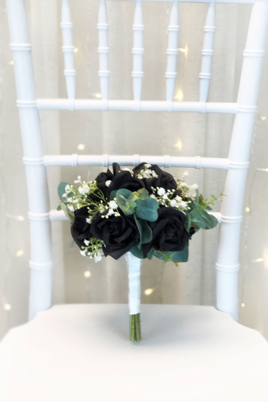 Wedding Bouquet White Roses Black Ribbon for Bridal Bridesmaids