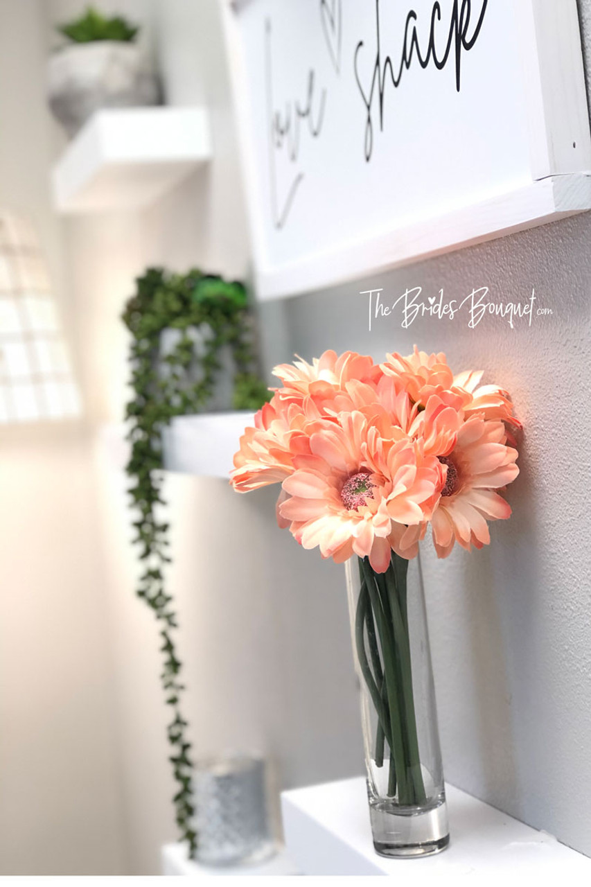 Peach Coral Gerbera Daisy Bridal Bouquet, Artificial Wedding Flowers, Silk Wedding Bouquets