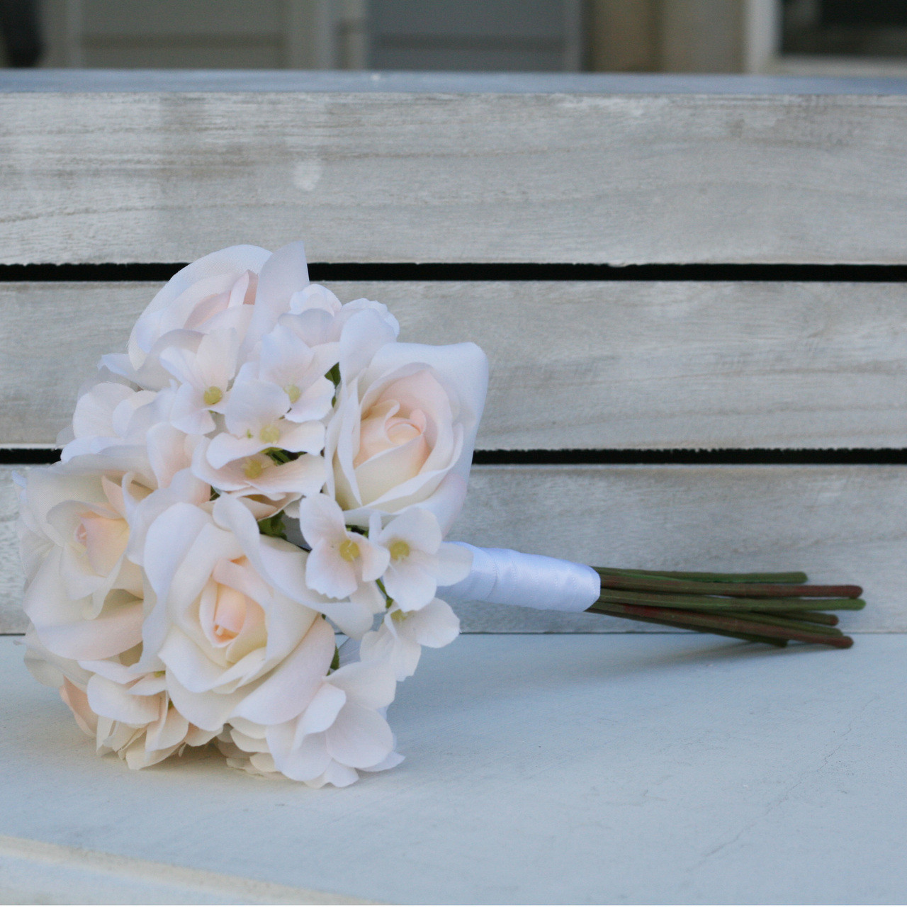 Blush Rose Hydrangea Artificial Silk Bridal Bouquets  Faux Wedding Flowers  (small) 