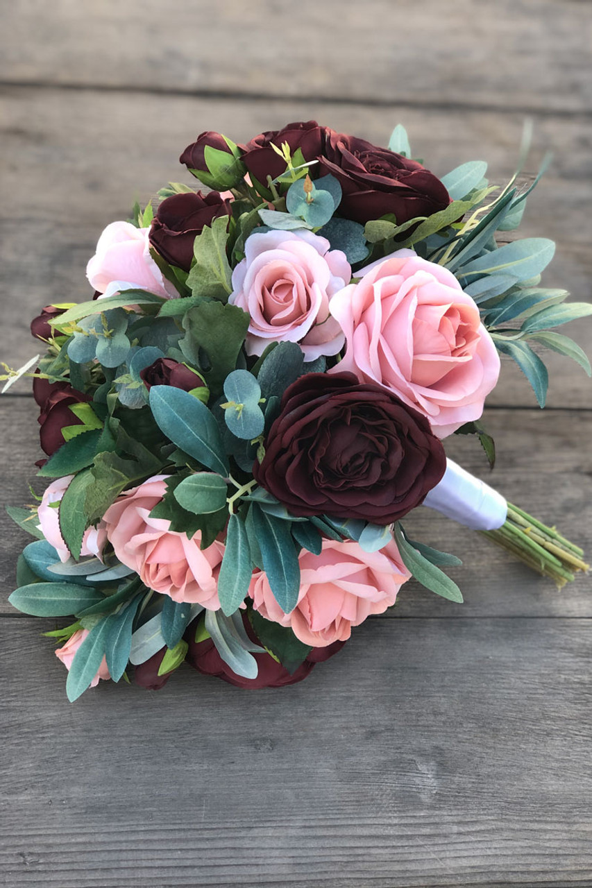 Burgundy And Dusty Pink Silk Bridal Bouquets With Eucalyptus Greenery