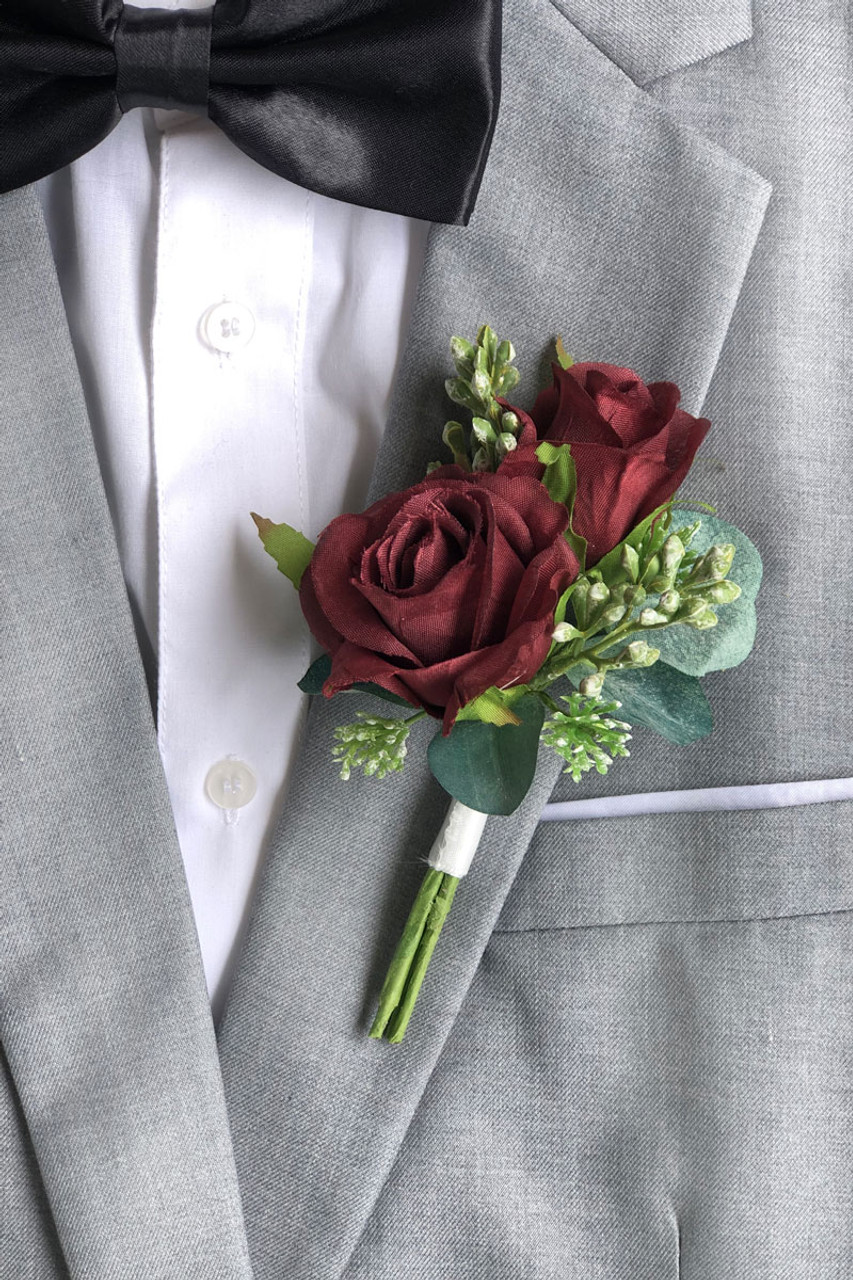 Burgundy Double Rose Wedding Boutonniere for Groom and Groomsmen