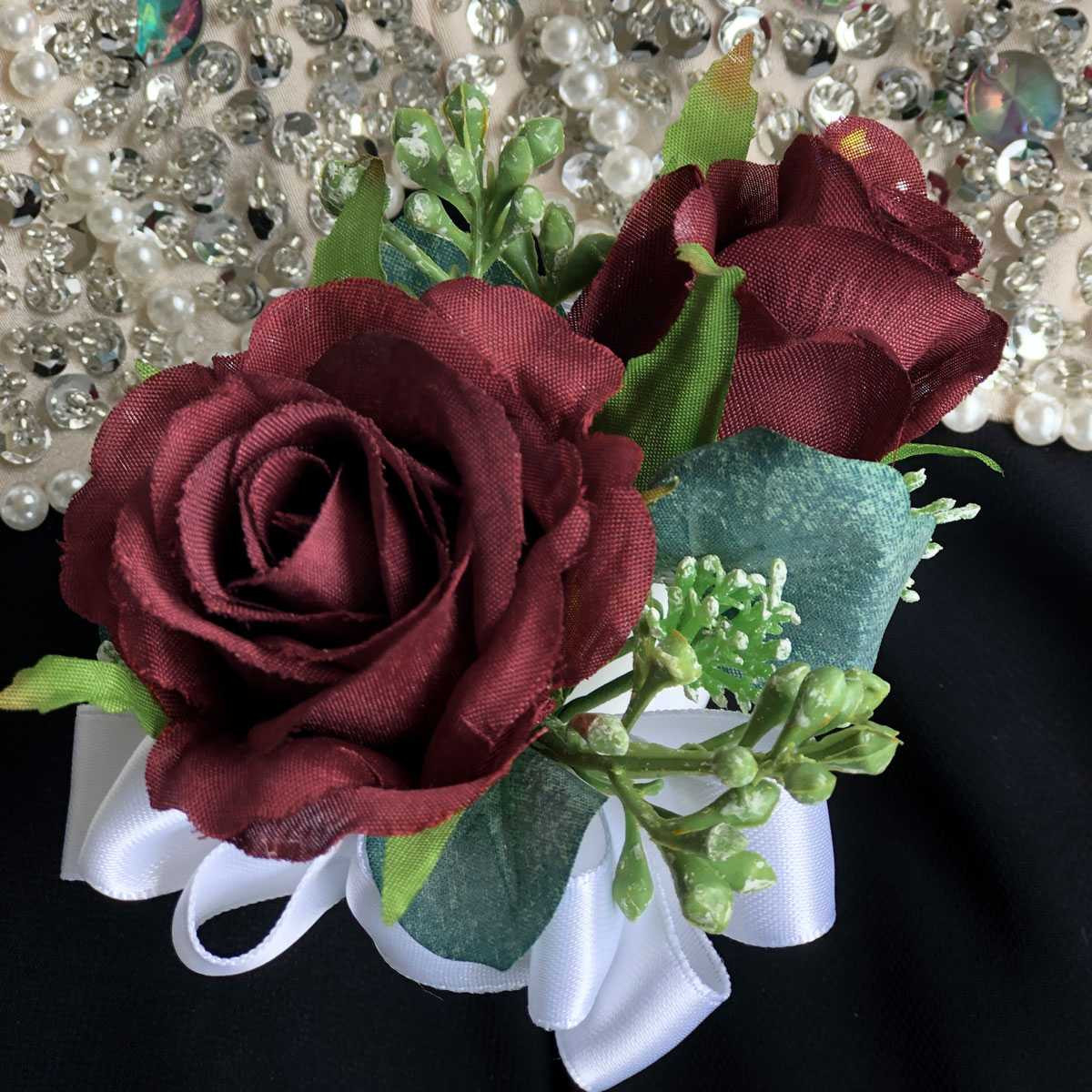 what color corsage for burgundy dress Dried Flower Corsage with Red Roses & Blue Lavender / Bridal bouquet f main image 1