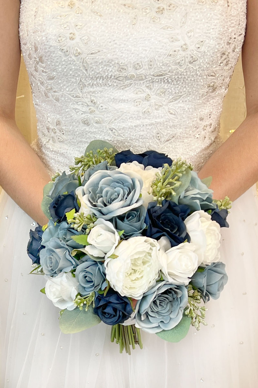 Brides,Bridesmaids Wedding Bouquet Flowers Navy/Ivory or White with. butterflies