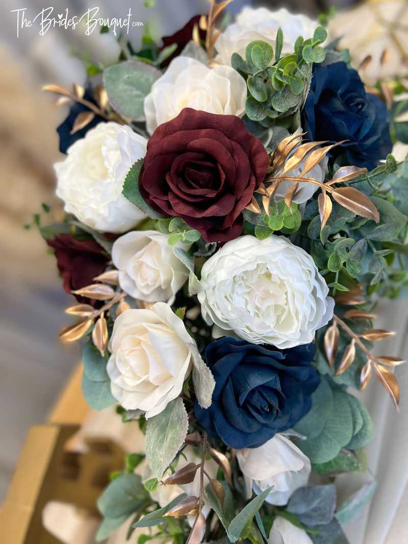 Burgundy Navy Ivory Gold Cascading Wedding Bouquet