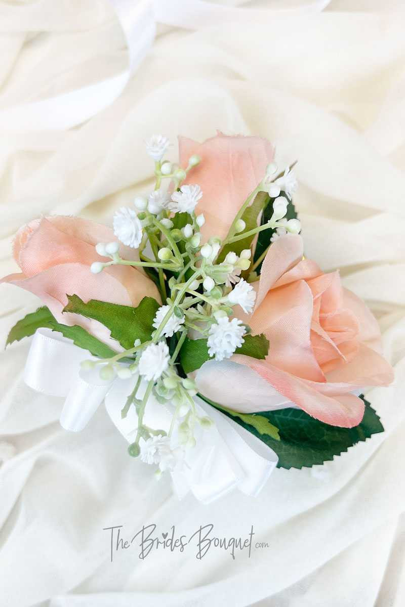 Coral Rose Baby's Breath Corsage | TheBridesBouquet