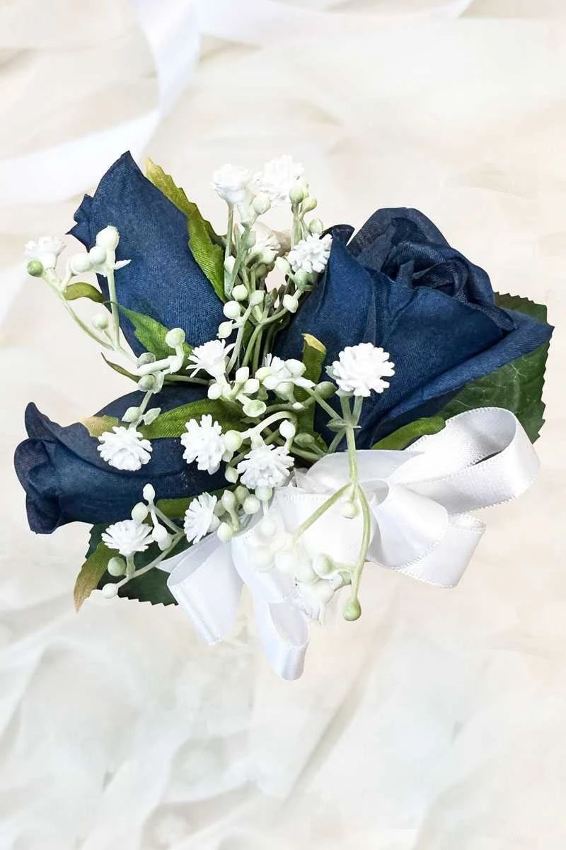 Navy Blue Rose + Babies Breath Corsage | Silk Corsage