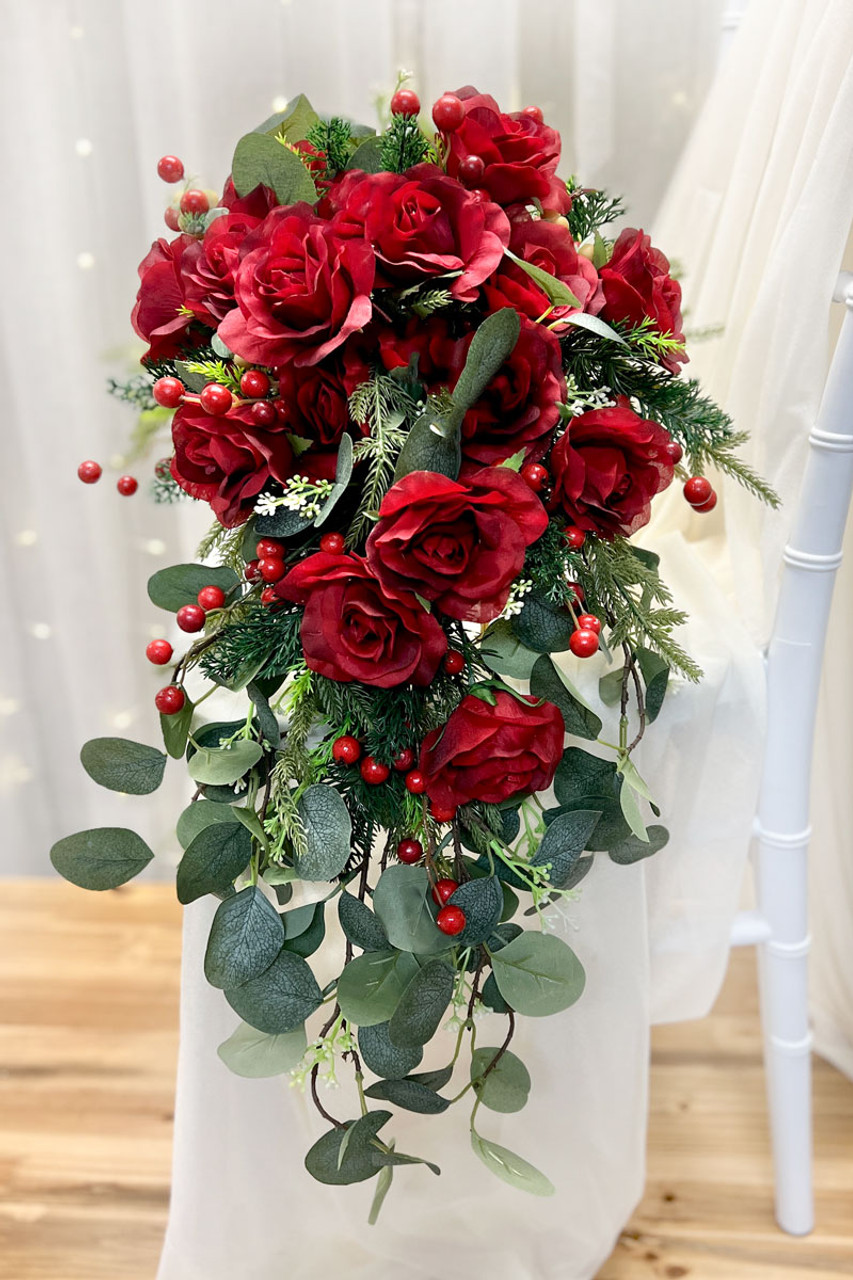 Red and Ivory Rose Cascade | Artificial Wedding Flowers | Silk Bridal  Bouquet | Wedding Bouquets
