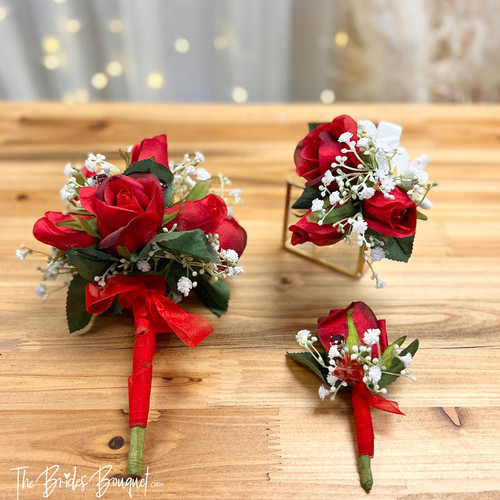 Red Boutonniere and Corsage Set with Prom Bouquet