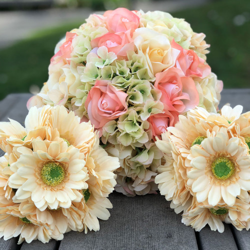 Peach Coral Gerbera Daisy Bridal Bouquet, Artificial Wedding Flowers, Silk Wedding Bouquets