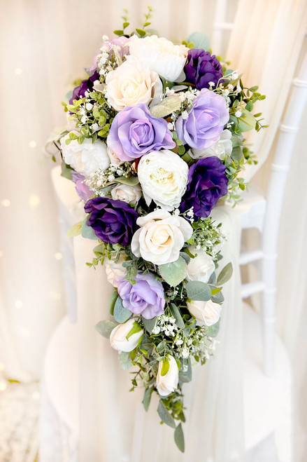 Purple, Lavender And Ivory Silk Rose Cascade | Artificial Wedding Flowers |  Silk Bridal Bouquet | Wedding Bouquets