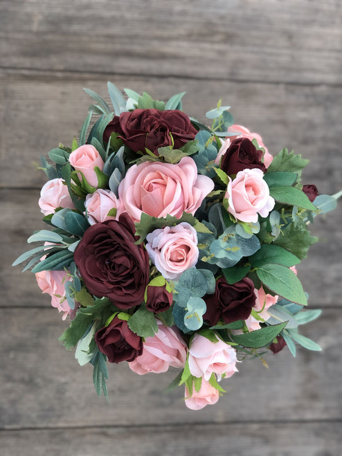 Burgundy Dusty Pink Silk Bridal Bouquets With Eucalyptus Greenery Large Rose Eucalyptus Thebridesbouquet Com