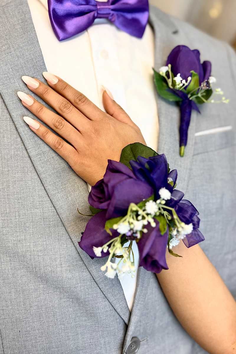 what color corsage for purple dress Purple Rose Prom Corsage & Boutonniere Set: Silk Flower Bouquet