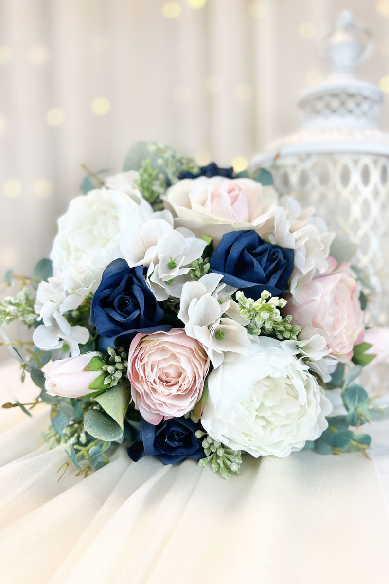 Hot Pink Bride Flower Bouquet Artificial Roses Navy Blue Ribbon