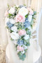 Dusty Blue and Pink and White Cascade Wedding Bouquet | Silk Wedding Flowers