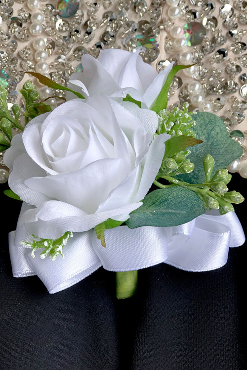 White Rose Wrist Corsage with Silver Bow in Philadelphia, PA