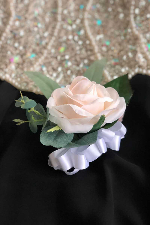 Ivory Blush Rose Eucalyptus Corsage - TheBridesBouquet.com