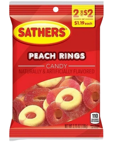 SATHER'S 2/$2 GMMLLO PEACH RING 12CT 3.75 OZ