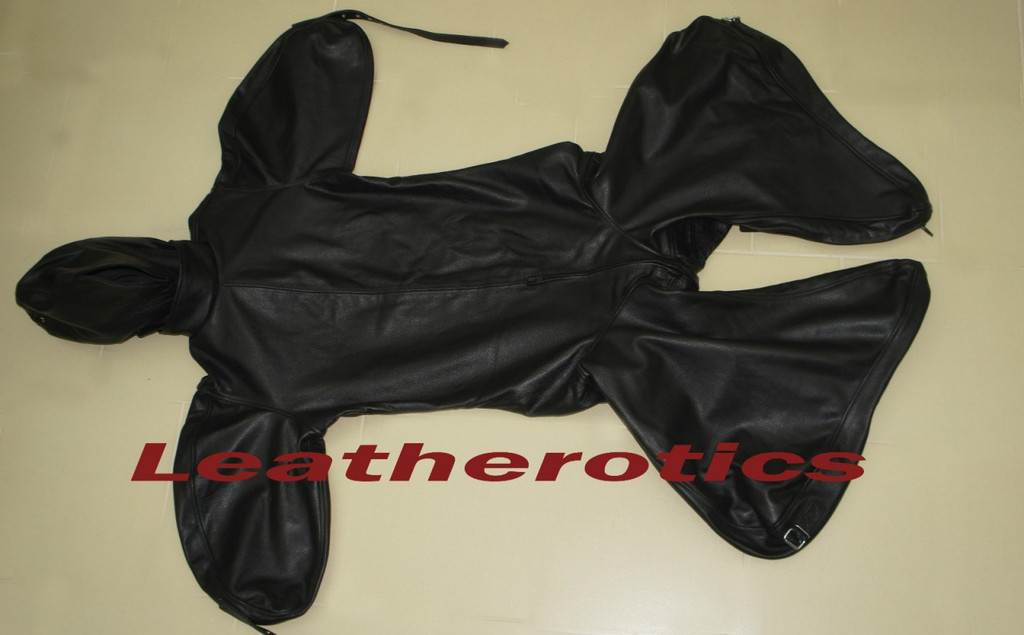  Leather Bodybag Bondage B-Suit with Mask Restraint Gimp suit pic 1