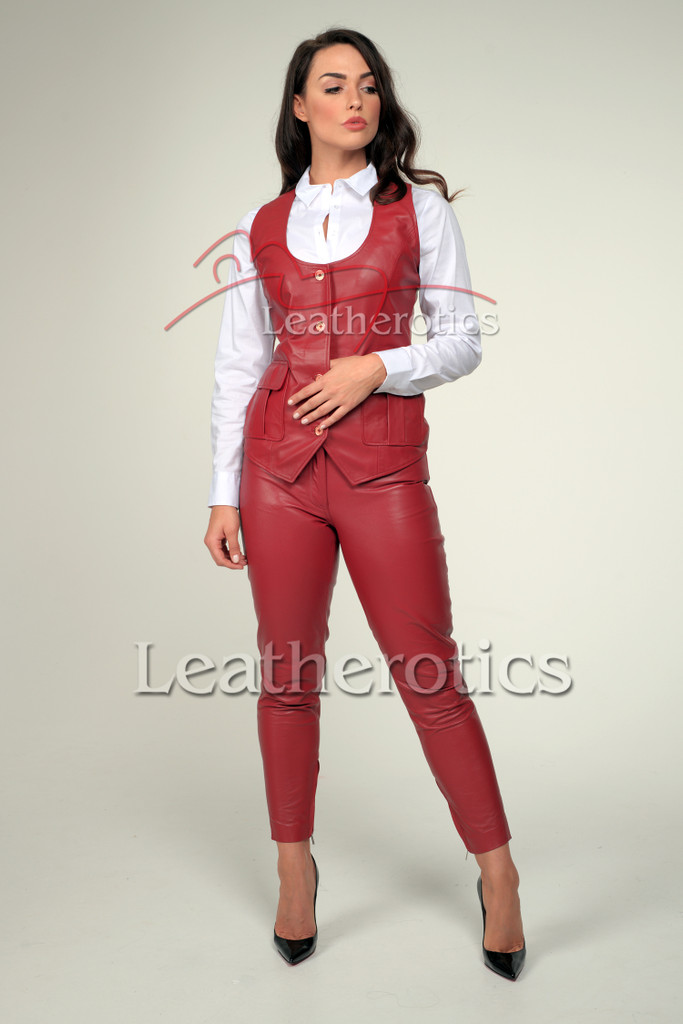 Red Leather Tight Fit Ladies Trousers 4