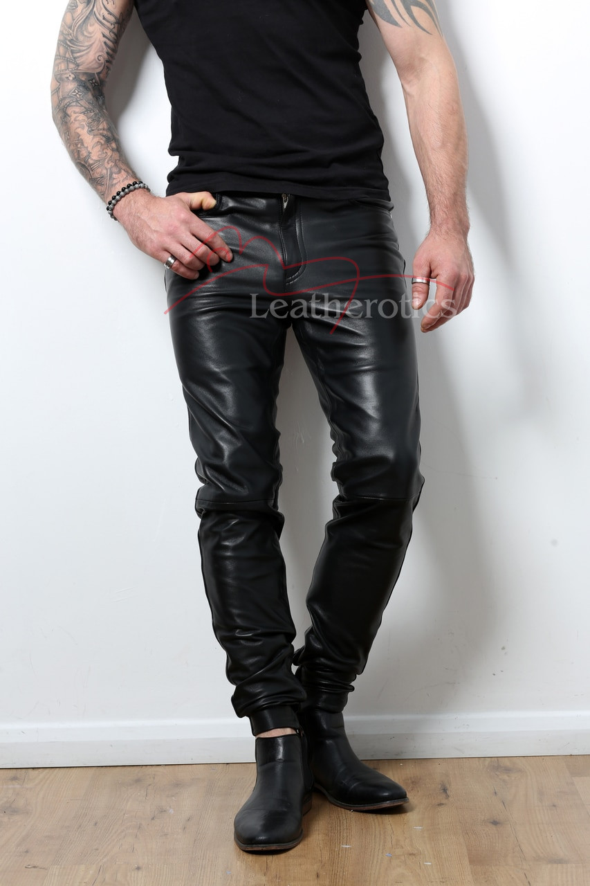 2022 Mens New Brief Slim Black Leather Pants Lacing Casual Skinny Trousers  Punk Boot Cut Jeans Male Stage Singer Costumes  Casual Pants  AliExpress