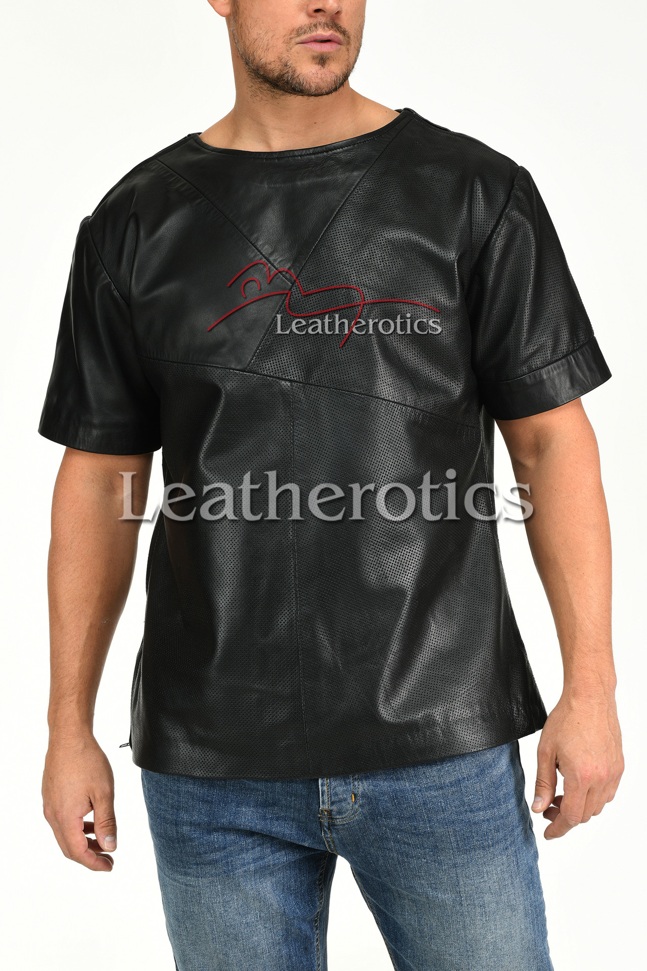 Men's Leather T-Shirt Perforated