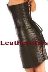 Back view of black leather corset dress with lace-up closure