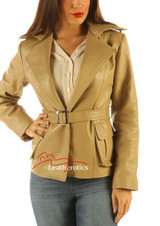 Ladies Belted Leather Jacket Top Tan Colour front view
