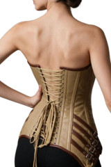 Back view of tan leather corset with adjustable cotton lace-up closure and modesty panel