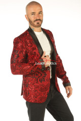 Front view of maroon vintage blazer with satin shawl lapel