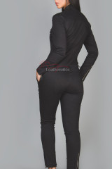Back view of black full-length cotton jumpsuit with fitted design