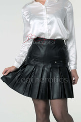 Black Leather pleated skirt Mini - Front View