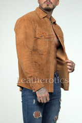 Suede leather shirt unbuttoned front view